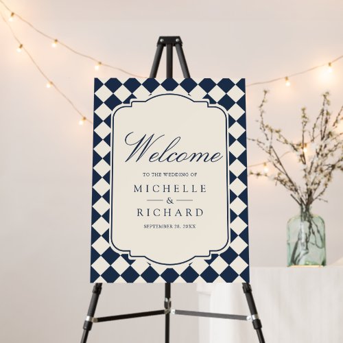 Old Money Navy Blue Checkered Wedding Welcome Sign