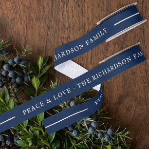 Old Money Navy Blue Custom Family Name Christmas Grosgrain Ribbon