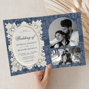 Old Money Navy Blue Ivory Doily Lace Wedding Invitation