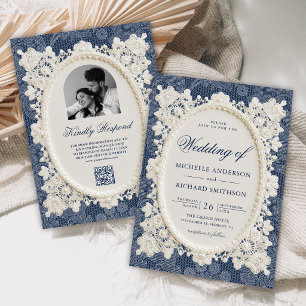 Old Money Navy Blue Ivory Doily Lace Wedding Invitation