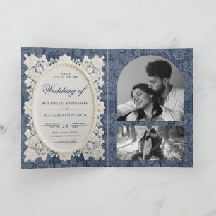 Old Money Navy Blue Ivory Doily Lace Wedding Invitation