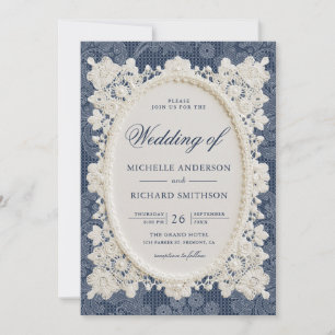 Old Money Navy Blue Ivory Doily Lace Wedding Invitation