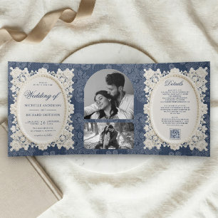 Old Money Navy Blue Ivory Doily Lace Wedding Tri-Fold Invitation
