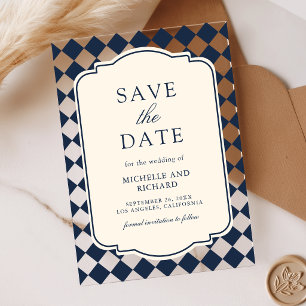 Old Money Navy Checkered Wedding Save the Date
