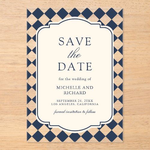 Old Money Navy Checkered Wedding Save the Date