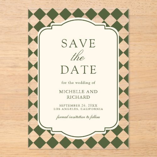 Old Money Olive Checkered Wedding Save the Date