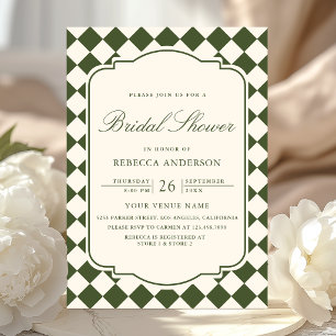 Old Money Olive Green Checkered Bridal Shower Invitation