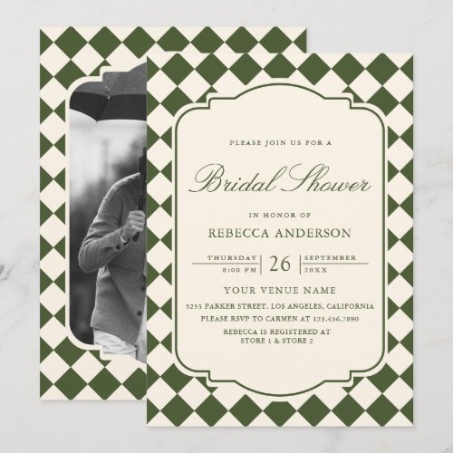 Old Money Olive Green Checkered Bridal Shower Invitation
