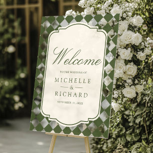 Old Money Olive Green Checkered Wedding Welcome Acrylic Sign