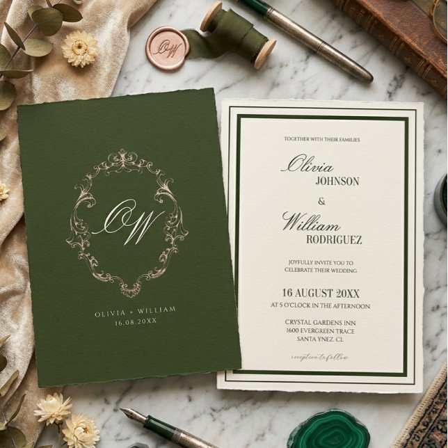 Old Money Olive Green Elegant Monogram Wedding Invitation (Creator Uploaded)