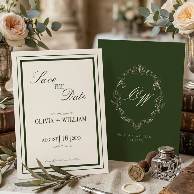 Old Money Olive Green Elegant Monogram Wedding Save The Date (Creator Uploaded)
