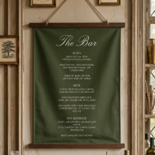 Old Money Olive Green Elegant Wedding Bar Menu Hanging Tapestry