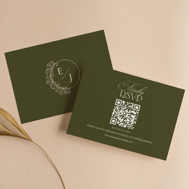 Old Money Olive Green Elegant Wedding QR Code RSVP Card (Creator Uploaded)