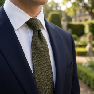 Old Money Olive Green Herringbone Tweed Fabric Neck Tie
