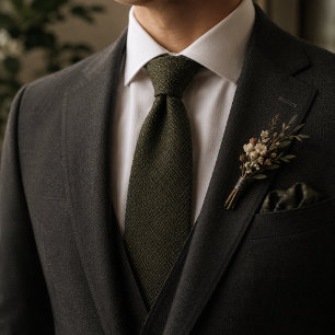 Old Money Olive Green Herringbone Tweed Fabric Neck Tie