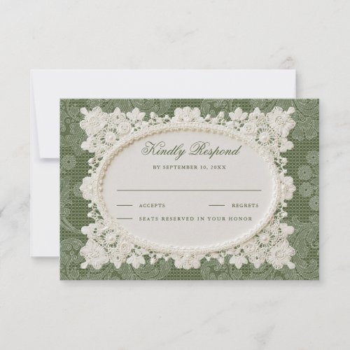 Old Money Olive Green Ivory Doily Lace Wedding RSVP Card