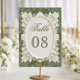 Old Money Olive Green Ivory Doily Lace Wedding Table Number