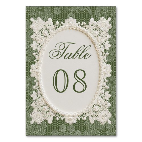 Old Money Olive Green Ivory Doily Lace Wedding Table Number