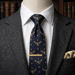 Old Money Owl Celestial Moon Star Navy Neck Tie