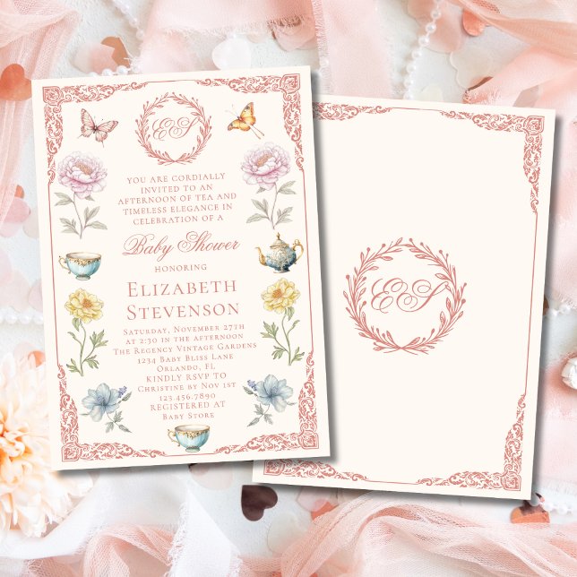 Old Money Pink Regency Tea Party Girl Baby Shower Invitation (Creator Uploaded)