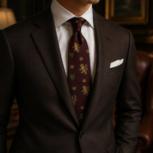 Old Money Rampant Lion Heraldic Crown Burgundy Neck Tie