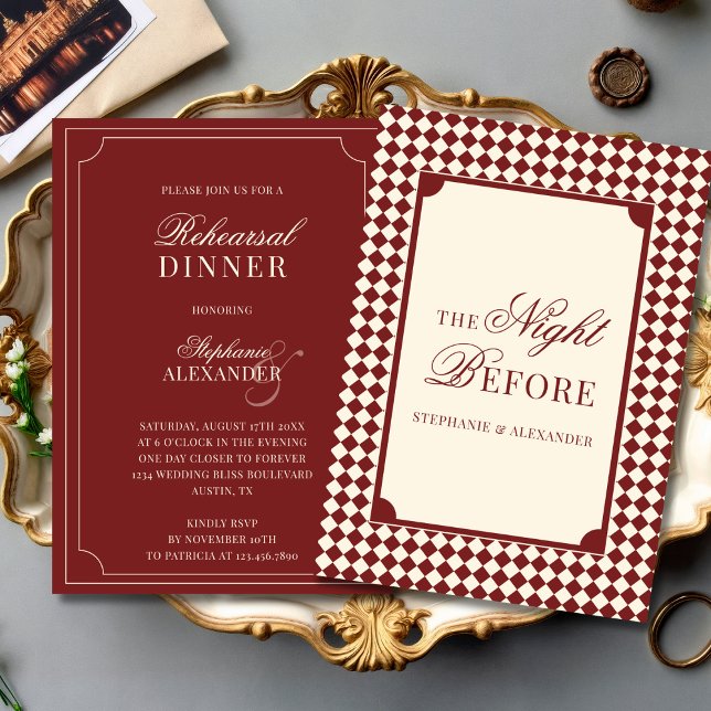 Old Money Red & Ivory Checkered Rehearsal Dinner  Invitation (Creator Uploaded)
