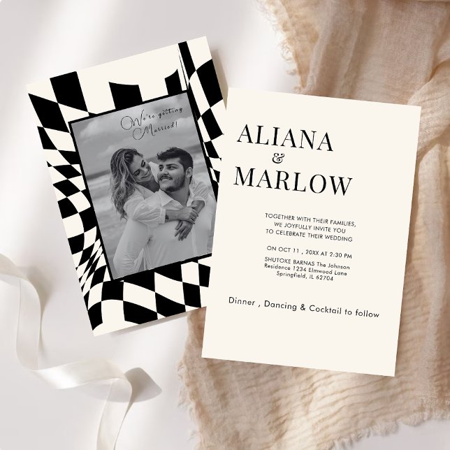 Old Money Retro Black and white checkered wedding Invitation (Creator Uploaded)