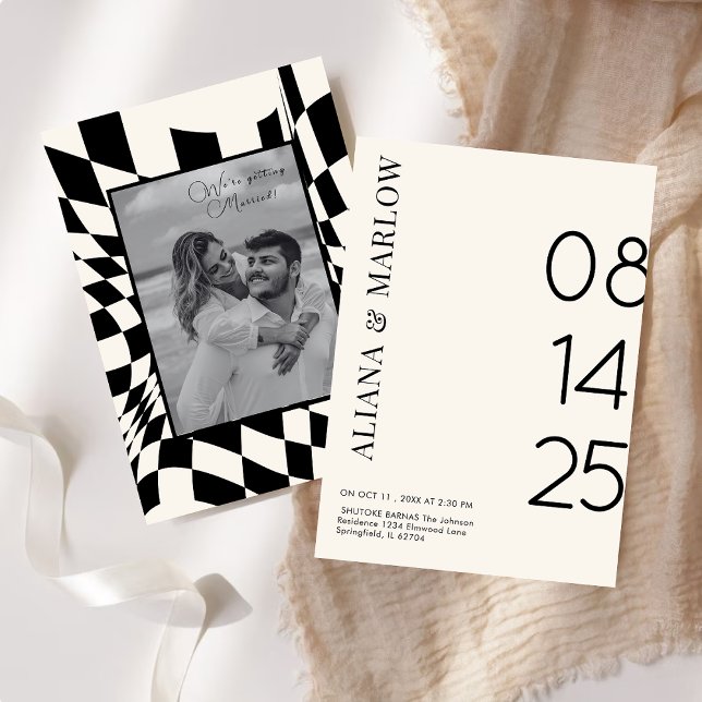 Old Money Retro Black and white checkered wedding Invitation (Creator Uploaded)