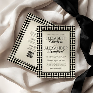 Old Money Retro Diamond Checkered Wedding Invitation