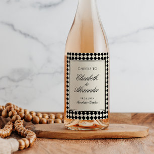 Old Money Retro Diamond Checkered Wedding Wine Label
