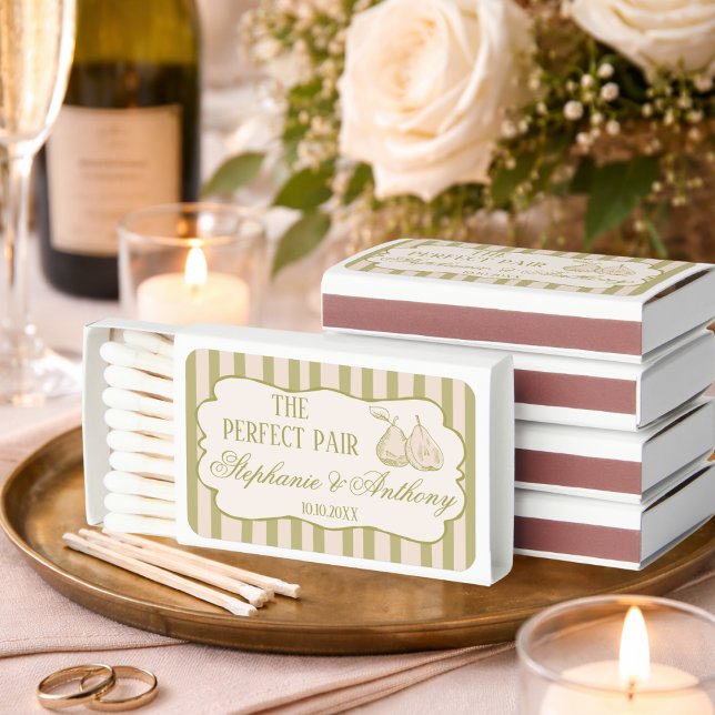 Old Money Sage Green Stripes Pear Wedding Favor Matchboxes (Creator Uploaded)