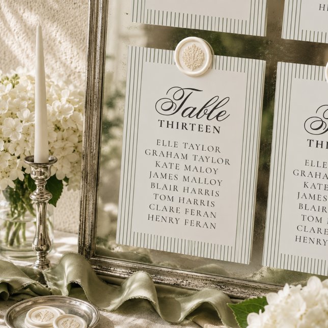 Old Money Sage Stripe Wedding Seating Chart Table Number (Old Money Sage Stripe Wedding Seating Chart Table Number)