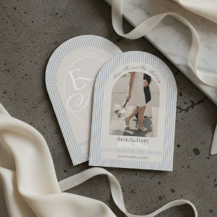 Old Money Script Blue Stripe Photo Save the Date Invitation