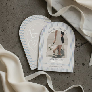 Old Money Script Blue Stripe Photo Save the Date Invitation