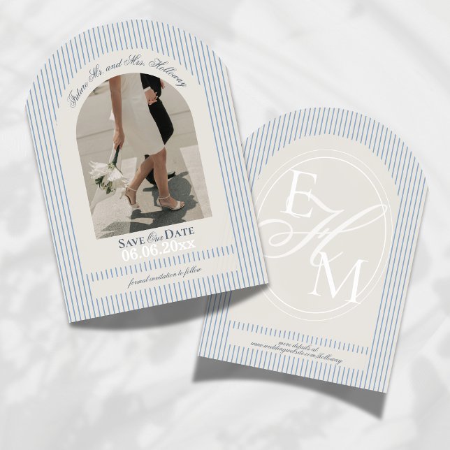 Old Money Script Blue Stripe Photo Save the Date Invitation (Invite guests to mark their calendars for your wedding with this Old Money Stripe Save the Date!)