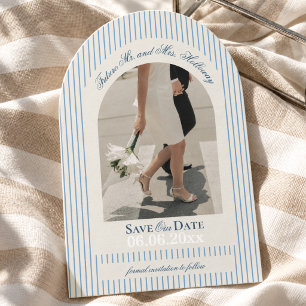 Old Money Script Blue Stripe Photo Save the Date Invitation