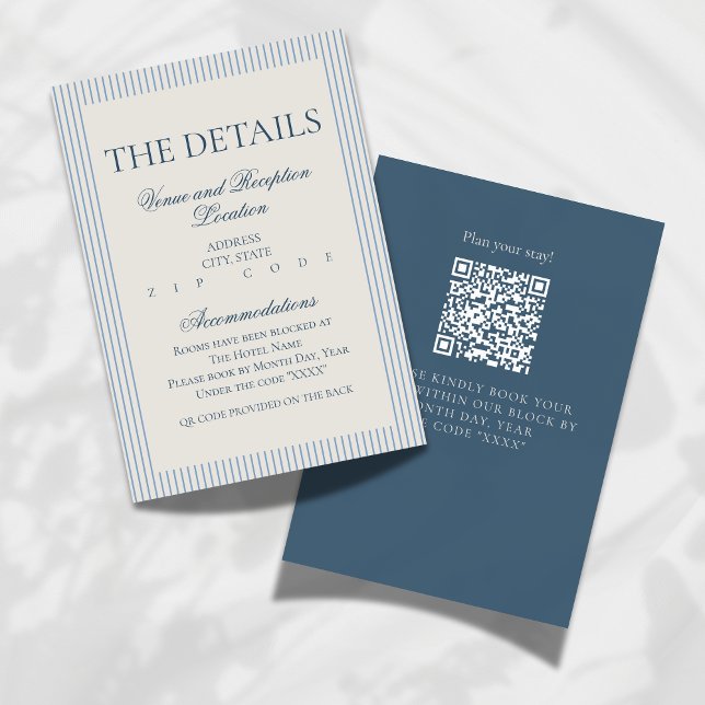 Old Money Script Blue Stripe Wedding Details Enclosure Card (Formally invite guests to your big day with this Old Money Script Thin Stripe Wedding Details Card!)