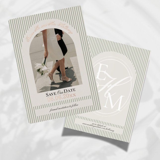 Old Money Script Green Stripe Photo Save the Date Foil Invitation (Invite guests to mark their calendars for your wedding with this Old Money Foil Save the Date!)