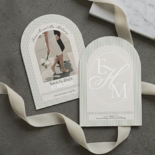Old Money Script Green Stripe Photo Save the Date Invitation