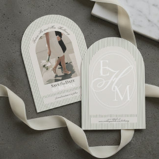 Old Money Script Green Stripe Photo Save the Date Invitation