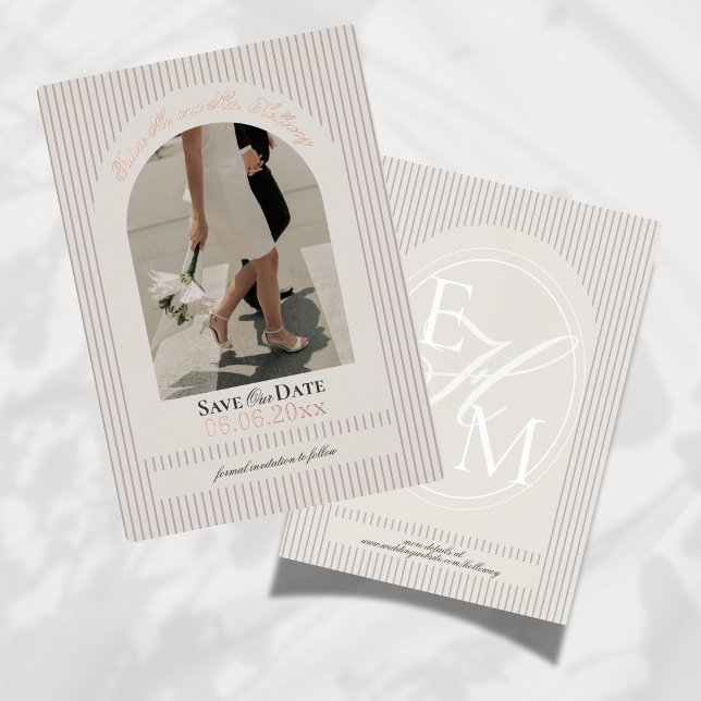 Old Money Script Mauve Stripe Photo Save the Date Foil Invitation (Invite guests to mark their calendars for your wedding with this Old Money Foil Save the Date!)