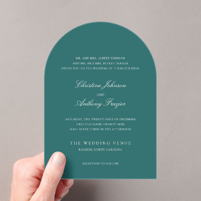 Old Money Teal Classic Wedding Acrylic Invitations (Insitu (Handheld))