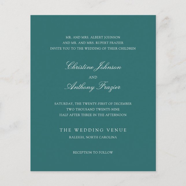 Old Money Teal Classic Wedding Invite Flyer (Front)