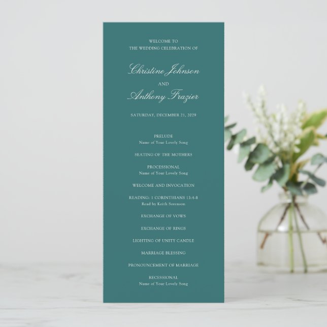 Old Money Teal Classic Wedding Program (Standing Front)
