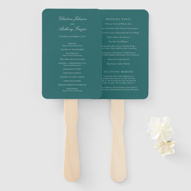 Old Money Teal Classic Wedding Program Hand Fan (Front and Back)