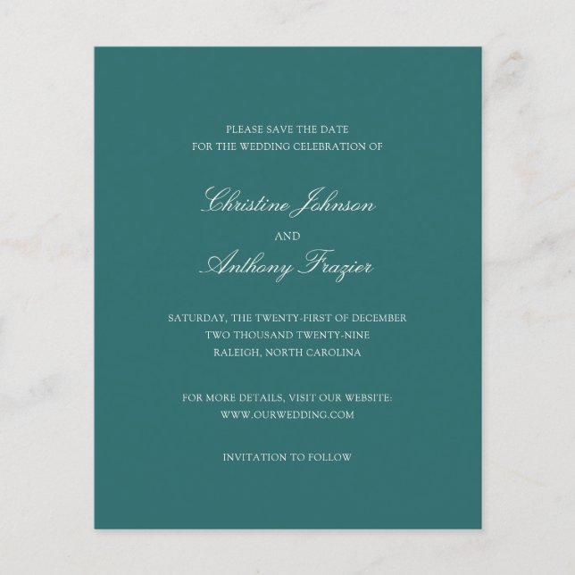 Old Money Teal Classic Wedding Save the Date Flyer (Front)