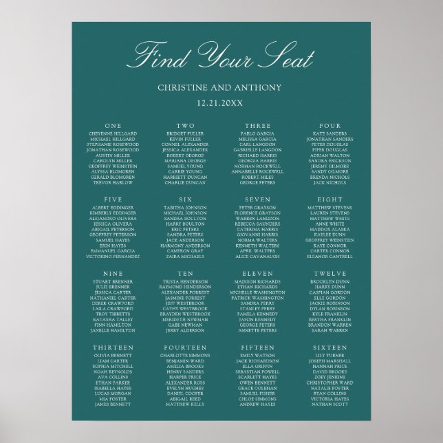 Old Money Teal Classic Wedding Seating Chart (Front)