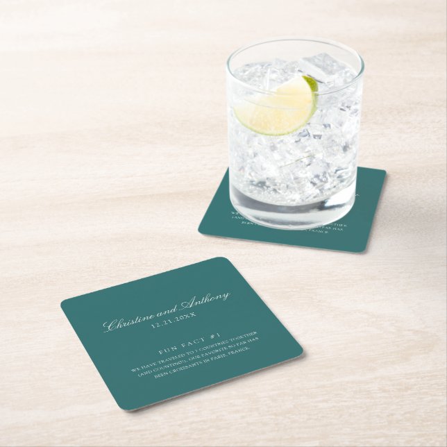 Old Money Teal Fun Facts Wedding Square Paper Coaster (Insitu)