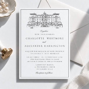 Old Money Venue Illustration Fine Border Wedding Invitation