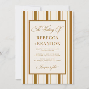 Old Money Vintage Brown Stripes QR Code Wedding Invitation